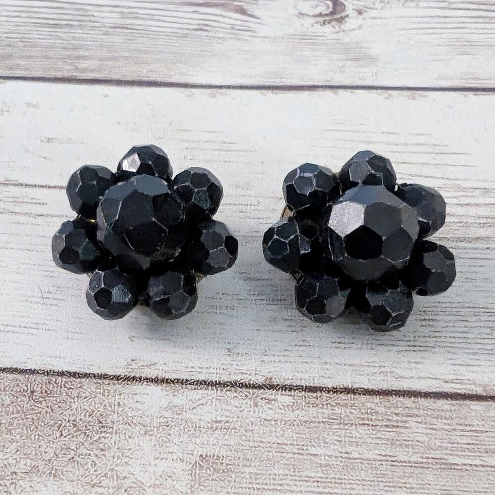 Vintage Clip On Earrings - Black Cluster Stamped Hong Kong - Condition Issues